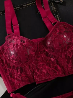 Sheer Lingerie Lace Up Floral Print Burgundy 3-Piece Bra Panty Sets