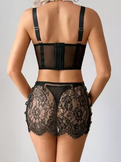 Sheer Lingerie Lace Up Floral Print Burgundy 3-Piece Bra Panty Sets