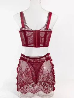Sheer Lingerie Lace Up Floral Print Burgundy 3-Piece Bra Panty Sets