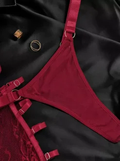 Sheer Lingerie Lace Up Floral Print Burgundy 3-Piece Bra Panty Sets