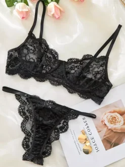 Sheer Lingerie See Through Lace Up Yellow Lace 2-Piece Bra Panty Sets