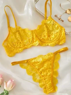Sheer Lingerie See Through Lace Up Yellow Lace 2-Piece Bra Panty Sets