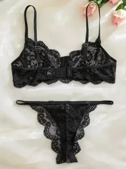 Sheer Lingerie See Through Lace Up Yellow Lace 2-Piece Bra Panty Sets