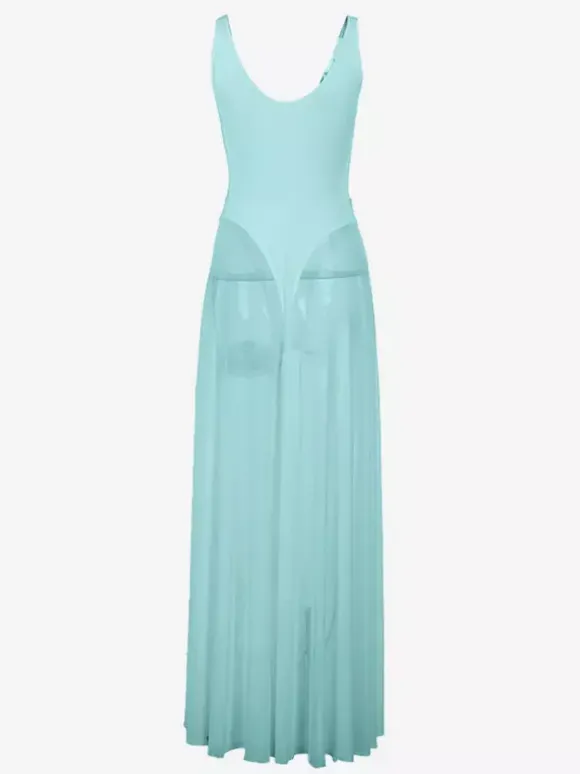 Sheer Maxi Dress For Women - Sexy V-neck Mesh Patchwork Bodysuit Flowy Gown - Summer Beach Club 2026