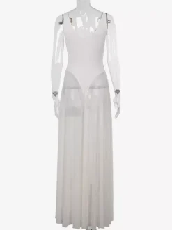 Sheer Maxi Dress For Women - Sexy V-neck Mesh Patchwork Bodysuit Flowy Gown - Summer Beach Club 2026
