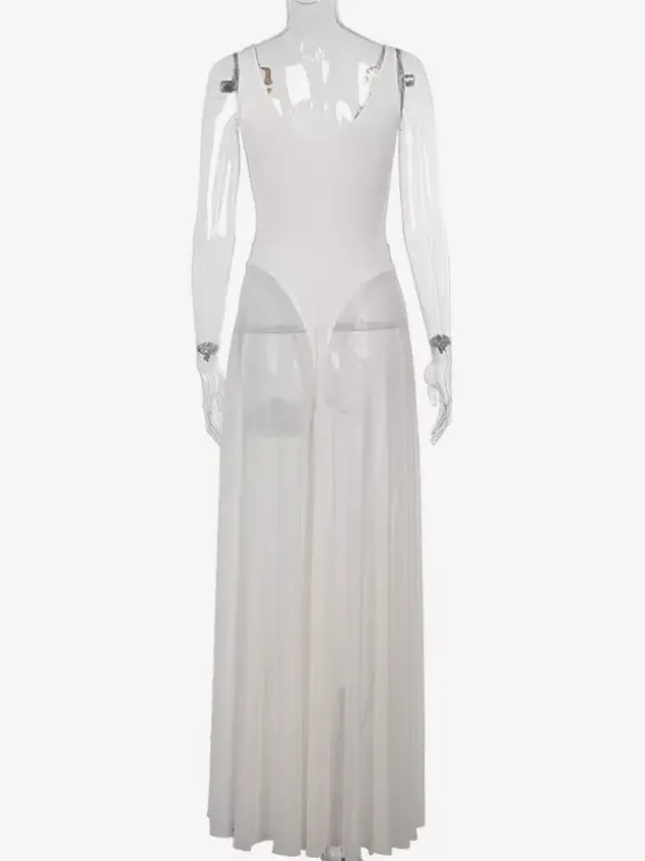 Sheer Maxi Dress For Women - Sexy V-neck Mesh Patchwork Bodysuit Flowy Gown - Summer Beach Club 2026