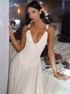 Sheer Maxi Dress For Women - Sexy V-neck Mesh Patchwork Bodysuit Flowy Gown - Summer Beach Club 2026