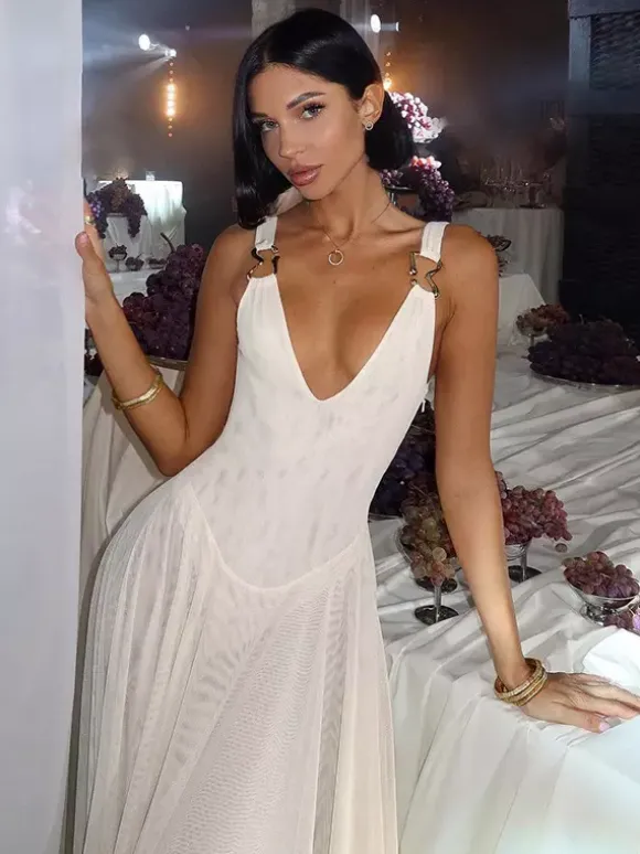 Sheer Maxi Dress For Women - Sexy V-neck Mesh Patchwork Bodysuit Flowy Gown - Summer Beach Club 2026