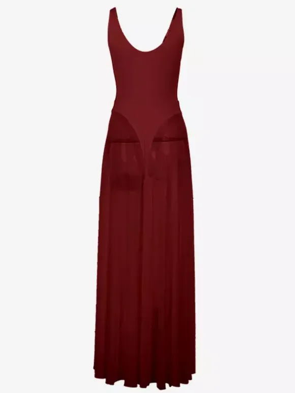 Sheer Maxi Dress For Women - Sexy V-neck Mesh Patchwork Bodysuit Flowy Gown - Summer Beach Club 2026