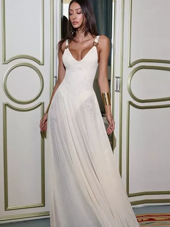 Sheer Maxi Dress For Women - Sexy V-neck Mesh Patchwork Bodysuit Flowy Gown - Summer Beach Club 2026