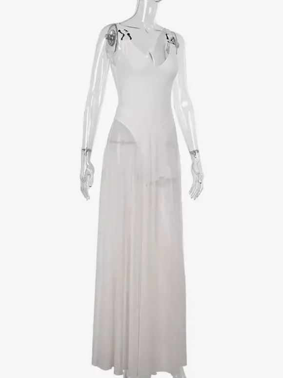 Sheer Maxi Dress For Women - Sexy V-neck Mesh Patchwork Bodysuit Flowy Gown - Summer Beach Club 2026
