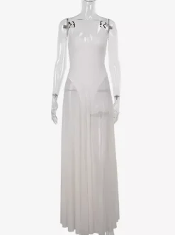 Sheer Maxi Dress For Women - Sexy V-neck Mesh Patchwork Bodysuit Flowy Gown - Summer Beach Club 2026