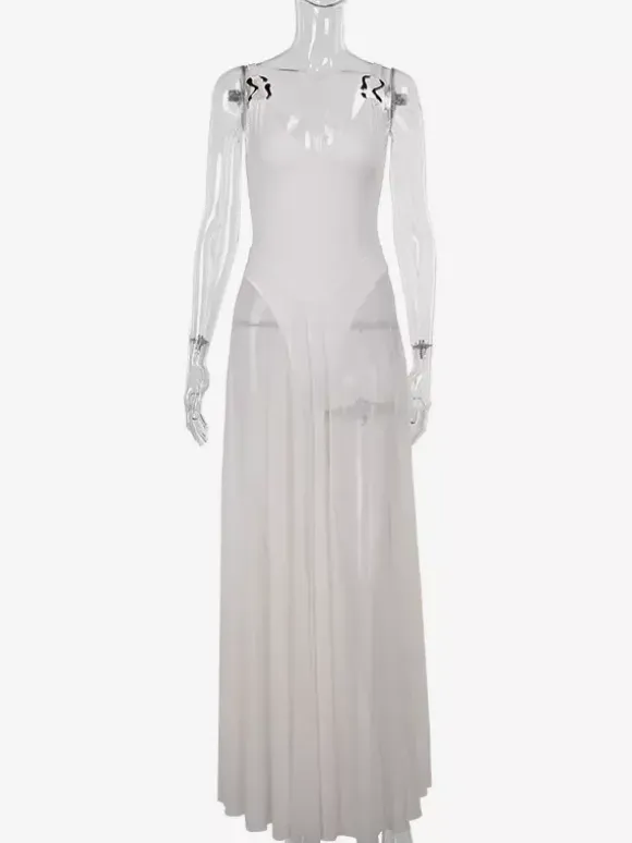 Sheer Maxi Dress For Women - Sexy V-neck Mesh Patchwork Bodysuit Flowy Gown - Summer Beach Club 2026