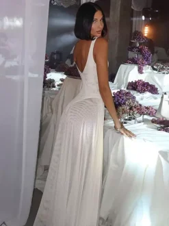 Sheer Maxi Dress For Women - Sexy V-neck Mesh Patchwork Bodysuit Flowy Gown - Summer Beach Club 2026
