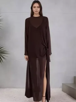 Sheer Mesh Long Sleeve Side Tie Slit Maxi Dress Cover-up For Women 2026