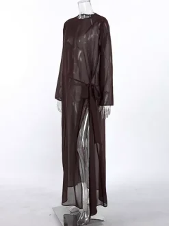Sheer Mesh Long Sleeve Side Tie Slit Maxi Dress Cover-up For Women 2026