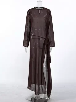 Sheer Mesh Long Sleeve Side Tie Slit Maxi Dress Cover-up For Women 2026