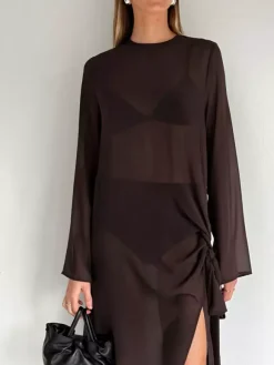 Sheer Mesh Long Sleeve Side Tie Slit Maxi Dress Cover-up For Women 2026