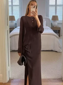 Sheer Mesh Long Sleeve Side Tie Slit Maxi Dress Cover-up For Women 2026