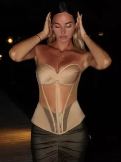 Sheer Mesh Women's Corset Top - Exposed Back Zipper Sexy Bustier - Aesthetic Vintage Glam Night Out Clubwear Outfits 2026