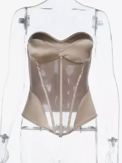 Sheer Mesh Women's Corset Top - Exposed Back Zipper Sexy Bustier - Aesthetic Vintage Glam Night Out Clubwear Outfits 2026