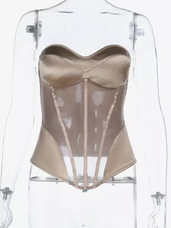 Sheer Mesh Women's Corset Top - Exposed Back Zipper Sexy Bustier - Aesthetic Vintage Glam Night Out Clubwear Outfits 2026