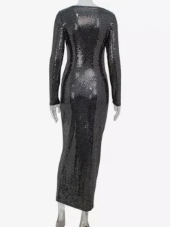 Shimmery Sequin Ruched Maxi Dress For Women - Black Boat Neck Long Sleeve Bodycon Gown - Spring Gala Party 2026