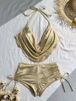 Shiny Metallic Cowl Halter Tie Side Short Bottom Two Piece Swimsuit