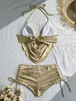 Shiny Metallic Cowl Halter Tie Side Short Bottom Two Piece Swimsuit