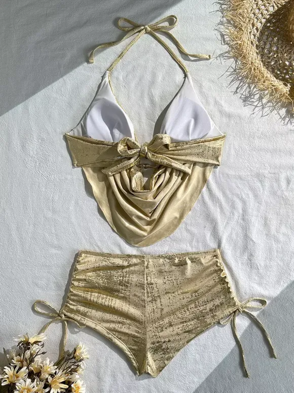 Shiny Metallic Cowl Halter Tie Side Short Bottom Two Piece Swimsuit