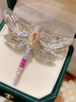 Shiny Transparent Wing Dragonfly Brooch Multi Tone Pink Rhinestone Suit Pin