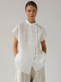 Shirt For Women White Lace Up Stand Collar Casual 3/4 Length Sleeves Tops
