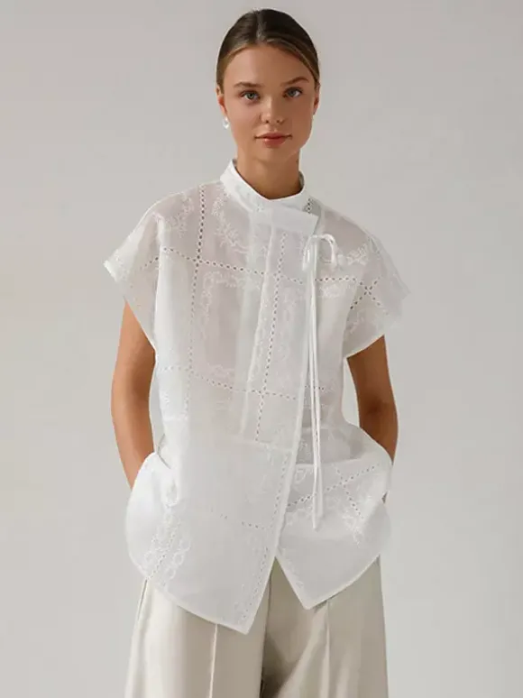Shirt For Women White Lace Up Stand Collar Casual 3/4 Length Sleeves Tops