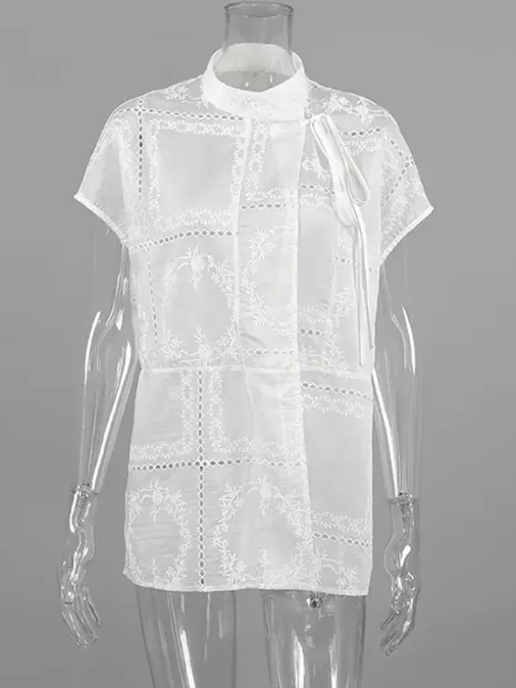 Shirt For Women White Lace Up Stand Collar Casual 3/4 Length Sleeves Tops