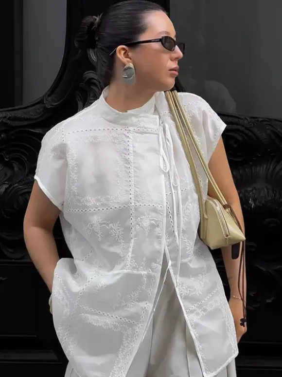 Shirt For Women White Lace Up Stand Collar Casual 3/4 Length Sleeves Tops