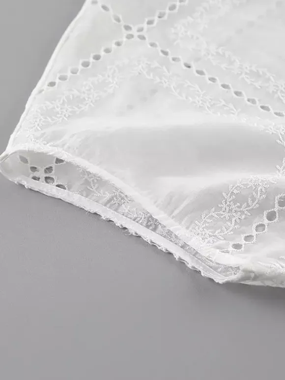 Shirt For Women White Lace Up Stand Collar Casual 3/4 Length Sleeves Tops