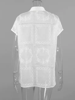 Shirt For Women White Lace Up Stand Collar Casual 3/4 Length Sleeves Tops
