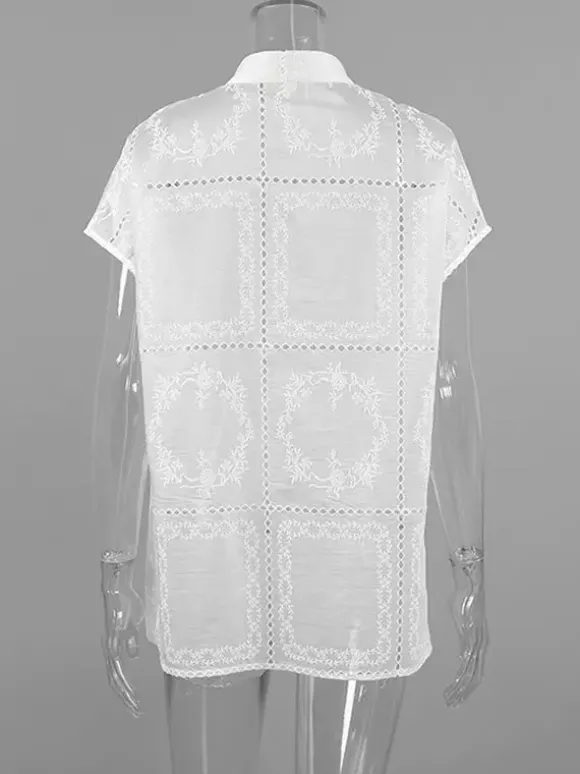 Shirt For Women White Lace Up Stand Collar Casual 3/4 Length Sleeves Tops