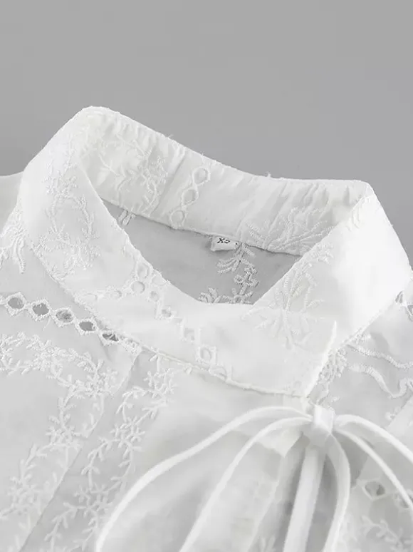 Shirt For Women White Lace Up Stand Collar Casual 3/4 Length Sleeves Tops