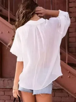 Shirt For Women White Oversized Pleated Turndown Collar Casual Long Sleeves Tops