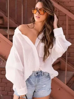 Shirt For Women White Oversized Pleated Turndown Collar Casual Long Sleeves Tops