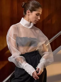 Shirt For Women White Stand Collar Clothes Chic Buttons Long Sleeves Tops