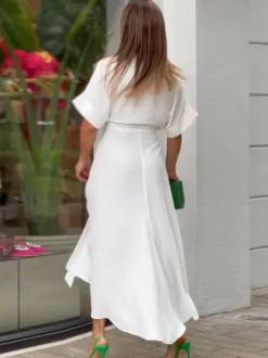 Shirt Midi Dress Pink Turndown Collar Pleated Short Sleeves Layered Dresses