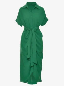 Shirt Midi Dress Pink Turndown Collar Pleated Short Sleeves Layered Dresses