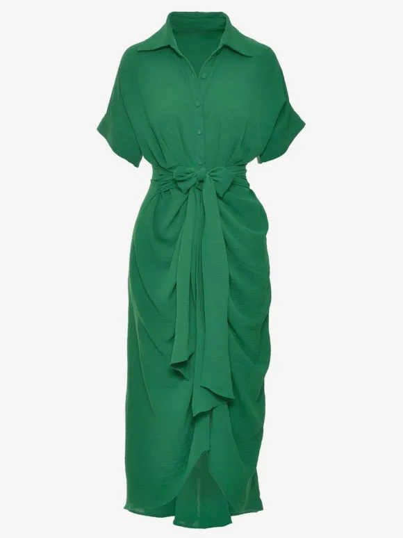 Shirt Midi Dress Pink Turndown Collar Pleated Short Sleeves Layered Dresses