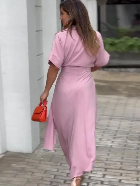 Shirt Midi Dress Pink Turndown Collar Pleated Short Sleeves Layered Dresses