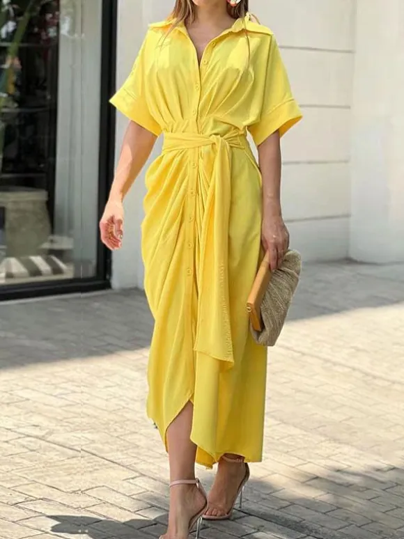 Shirt Midi Dress Pink Turndown Collar Pleated Short Sleeves Layered Dresses