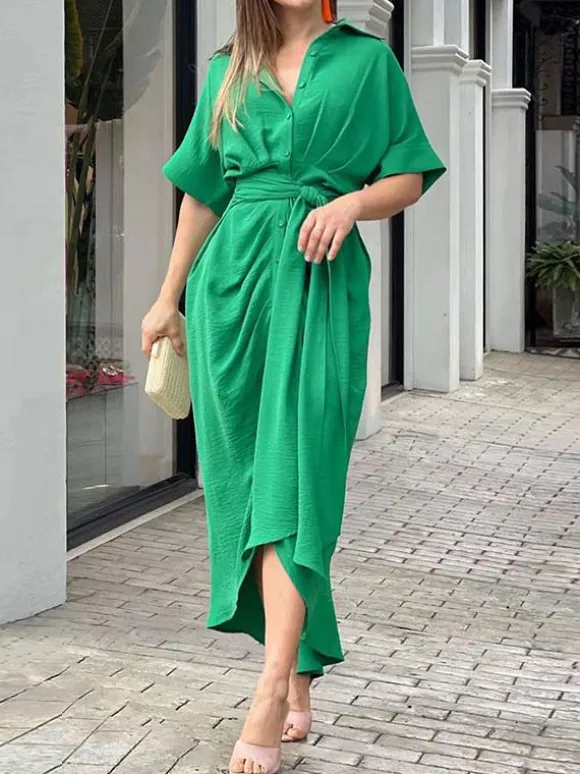 Shirt Midi Dress Pink Turndown Collar Pleated Short Sleeves Layered Dresses
