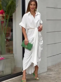 Shirt Midi Dress Pink Turndown Collar Pleated Short Sleeves Layered Dresses