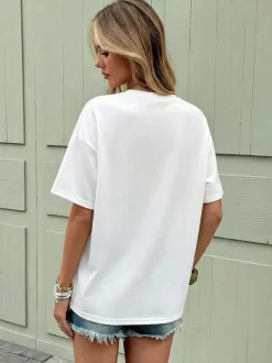 Shirt Short Sleeves Tees White Viscose Clothes Jewel Neck Women Summer Tee Shirt
